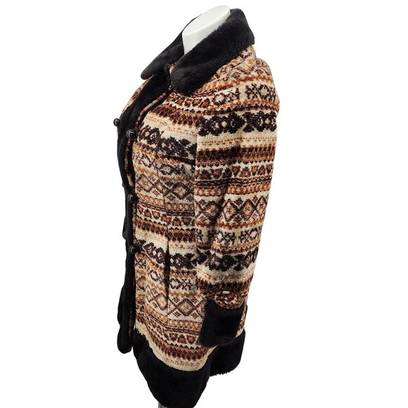 Vintage 1960s Brown Faux Fir Trim Carpet Bohemian Tapestry Coat, Women's Small - Picture 2 of 10